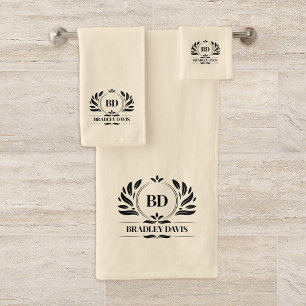Monogram With Name Cream Black Elegant Bath Towel Set
