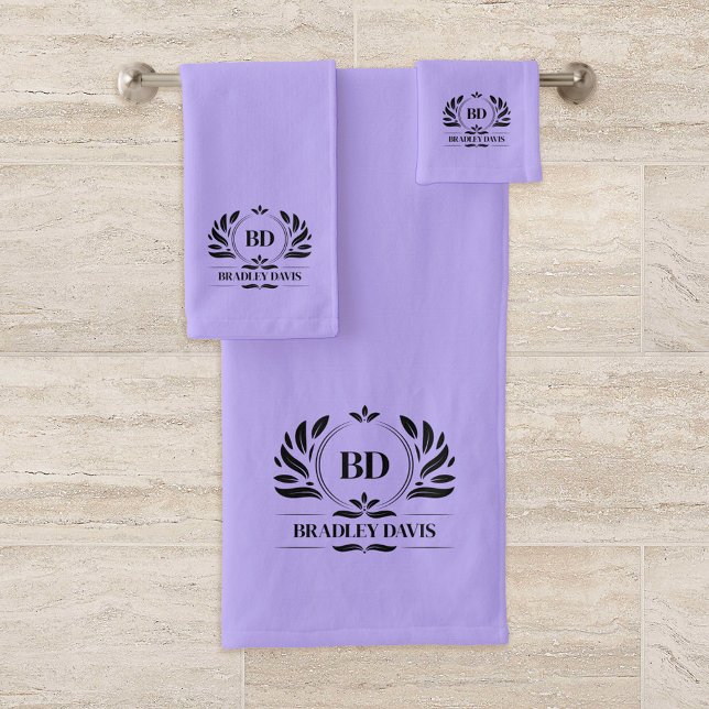 Monogram With Name Lavender Black Elegant Bath Towel Set (Creator Uploaded)