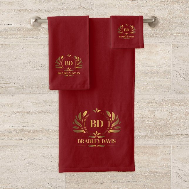 Monogram With Name Red Gold Elegant Bath Towel Set (Creator Uploaded)