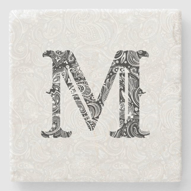 Monogram with paisley overlay stone coaster (Front)