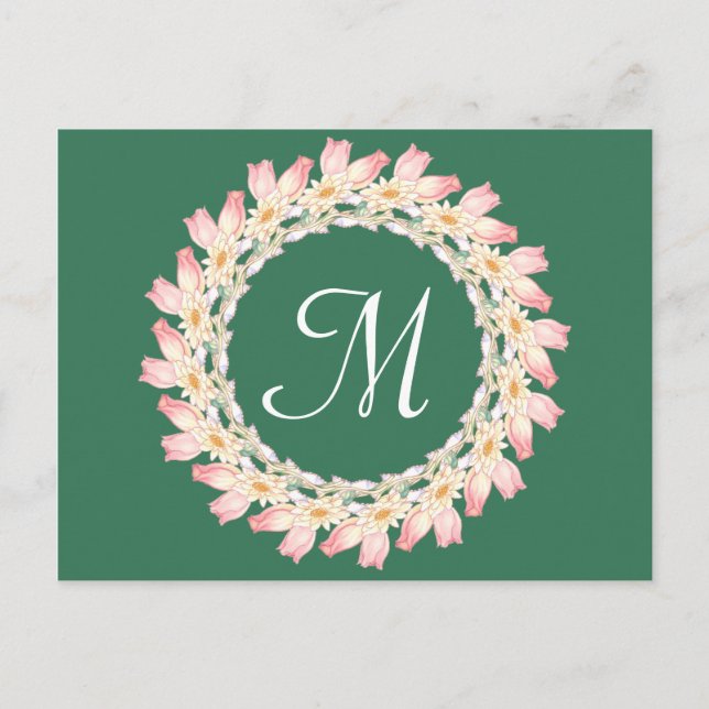 Monogram with Pink Roses and Water Lilies Frame Postcard (Front)