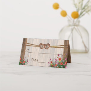 Monogram Wood Heart with Wildflowers   Place Cards