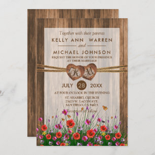 Monogram Wood Hearts with Beautiful Wildflowers Invitation