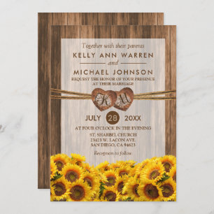 Monogram Wood Hearts with Country Sunflowers Invitation