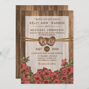 Monogram Wood Hearts with Dusty Rose Lilies Invitation