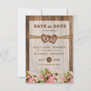 Monogram Wood Hearts with Pink and White Roses Save The Date