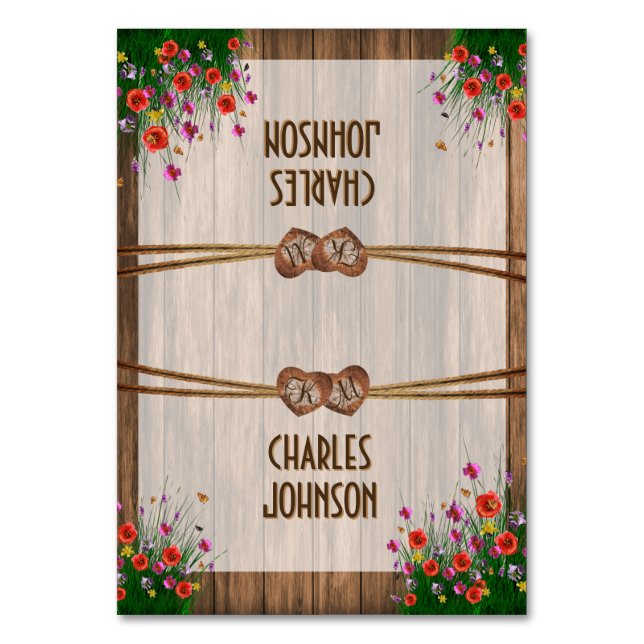Monogram Wood Hearts with Wildflower - Place Cards (Front)