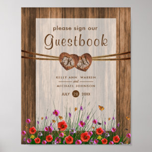 Monogram Wood Hearts with Wildflowers Poster