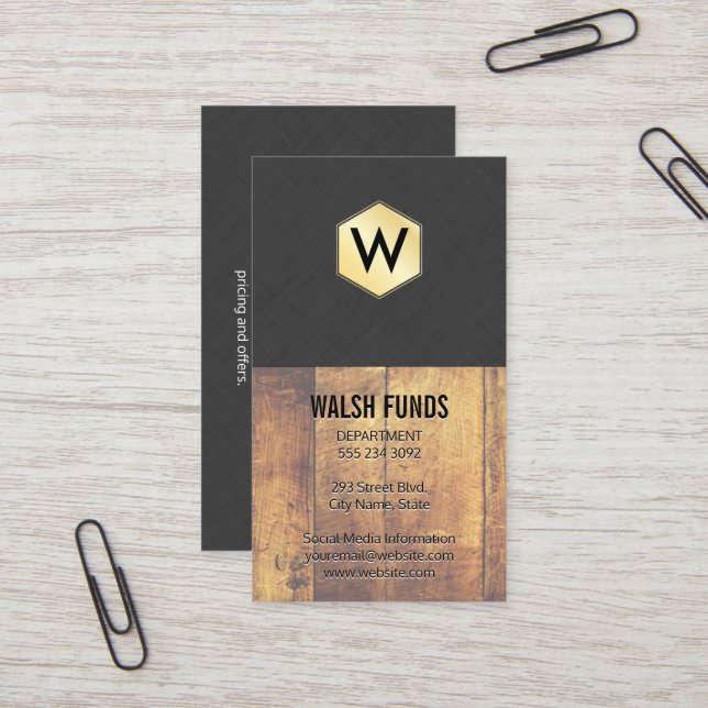 Monogram | Wood | Linen | Gold Business Card (Front/Back In Situ)