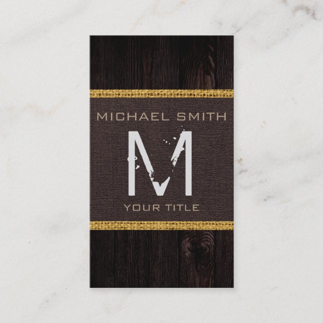 Monogram Wood Look Brown Burlap Rustic Business Card (Front)
