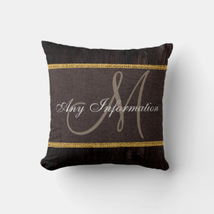 Monogram Wood Look Brown Burlap Rustic Cushion