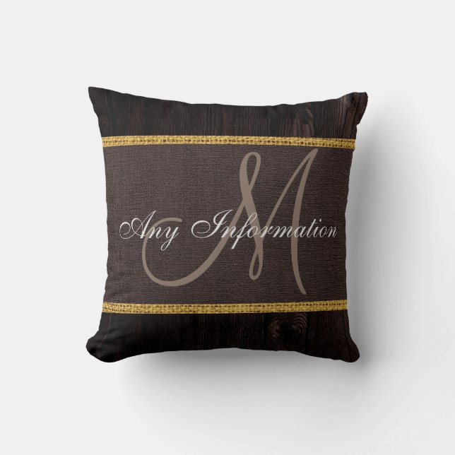 Monogram Wood Look Brown Burlap Rustic Cushion (Front)