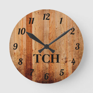 Monogram Wood Rustic Country Brown Black Round Clock