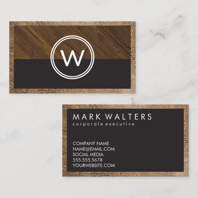 Monogram Wood Two Tone | Leather Trim Business Card (Front/Back)