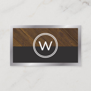 Monogram Wood Two Tone Metal Border Business Card