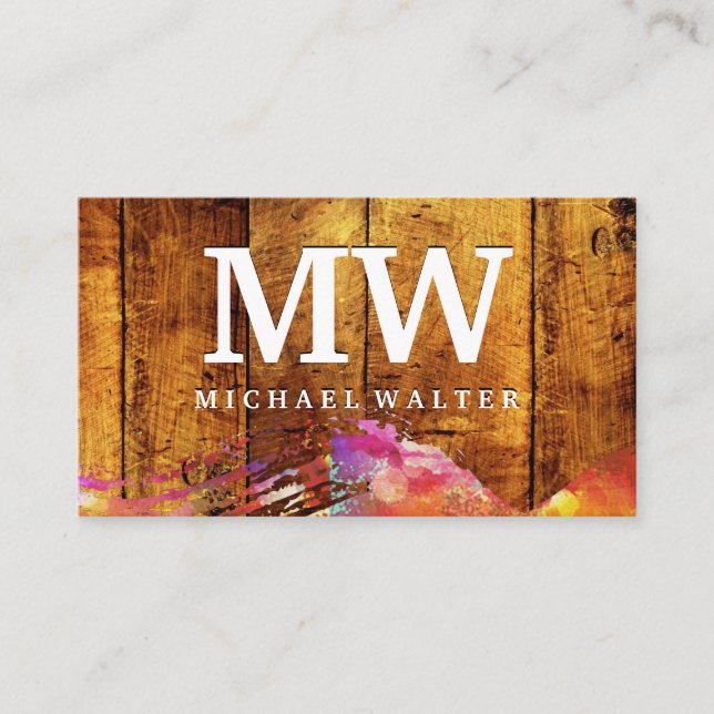 Monogram | Wooden | Watercolor Brushed Business Card (Front)