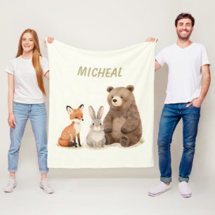 Monogram woodland forest animals  fleece blanket