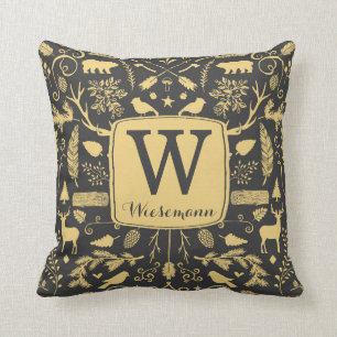 Monogram Woodland Holiday Throw Pillow / Gold