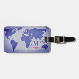 Monogram World Map Blue Pink Name Gift Favor Luggage Tag
