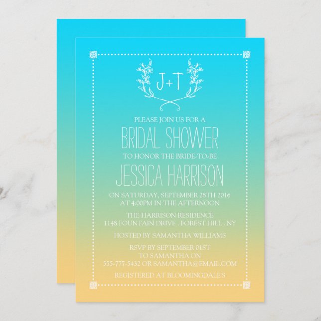 Monogram Wreath Beach Ombre Bridal Shower Invitation (Front/Back)