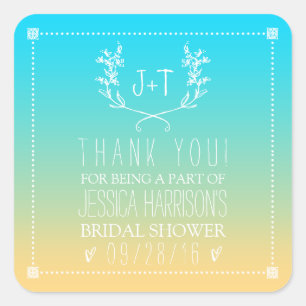 Monogram Wreath Beach Ombre Bridal Shower Square Sticker