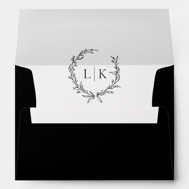 Monogram Wreath Black | White Classic Wedding Envelope (Back (Bottom))