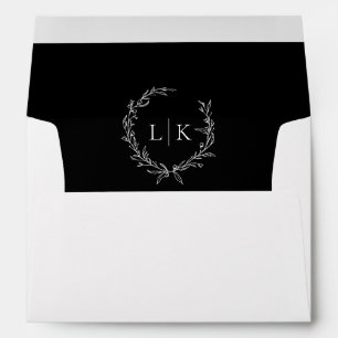 Monogram Wreath Black   White Classic Wedding Envelope
