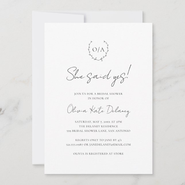 Monogram Wreath Black White Elegant Bridal Shower Invitation (Front)