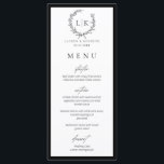 Monogram Wreath Black | White Wedding Menu Card<br><div class="desc">Elegant botanical monogram wreath black and white wedding flat menu card.</div>