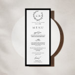 Monogram Wreath Black | White Wedding Menu Card<br><div class="desc">Elegant botanical monogram wreath black and white wedding flat menu card.</div>