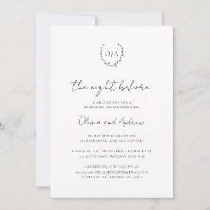 Monogram Wreath Crest Elegant Rehearsal Dinner Invitation