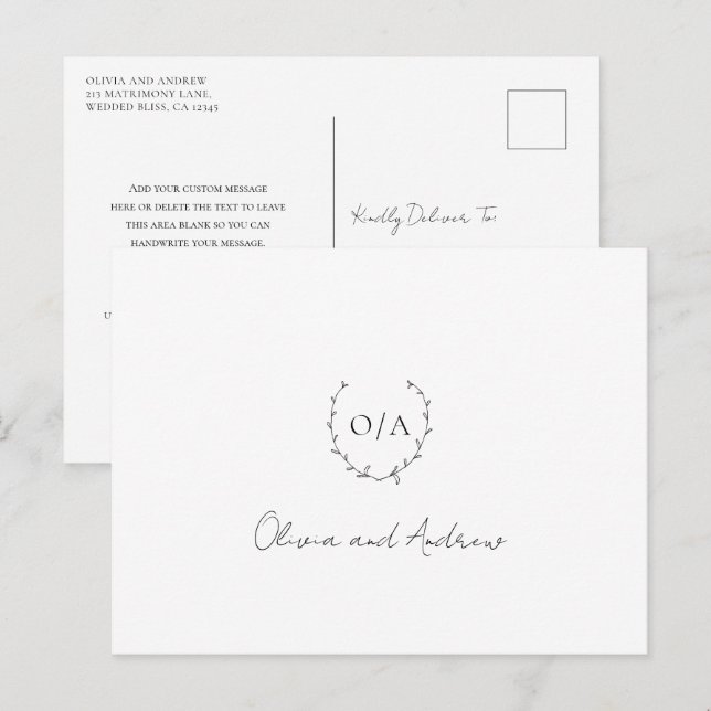 Monogram Wreath Crest Elegant Wedding Thank You Postcard (Front/Back)