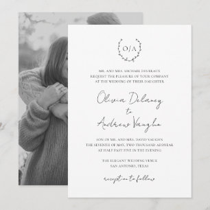 Monogram Wreath Crest Photo Elegant Wedding Invitation