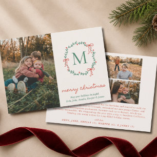 Monogram Wreath Doodle Bow Elegant 4 Photo Family Holiday Card