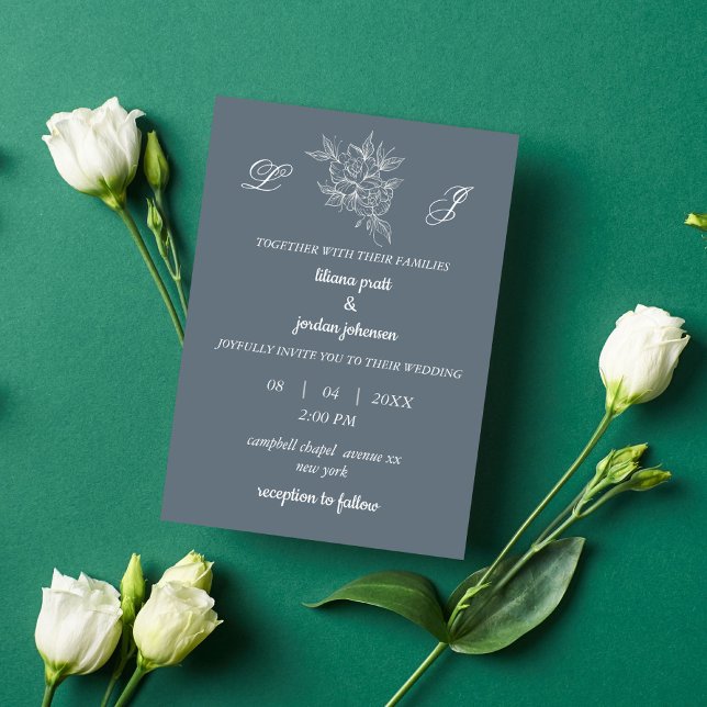 monogram wreath elegant Dusty Blue WEDDING Invitation (Creator Uploaded)