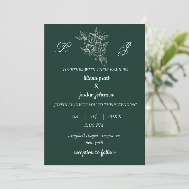 monogram wreath elegant emerald green  WEDDING   Invitation (Standing Front)