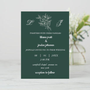 monogram wreath elegant emerald green WEDDING Invitation