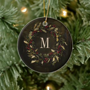 Monogram Wreath Festive Christmas Holiday Custom Ceramic Tree Decoration