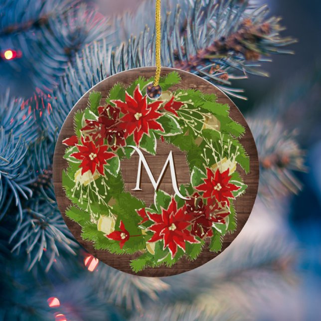 Monogram Wreath First Christmas New Home Photo Ceramic Tree Decoration (Creator Uploaded)