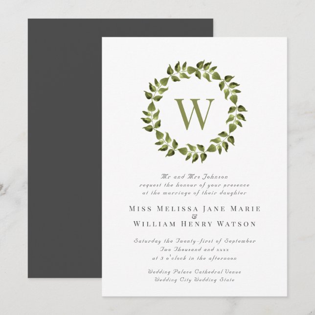 Monogram Wreath Green Wedding Invitation (Front/Back)