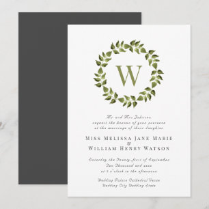 Monogram Wreath Green Wedding Invitation
