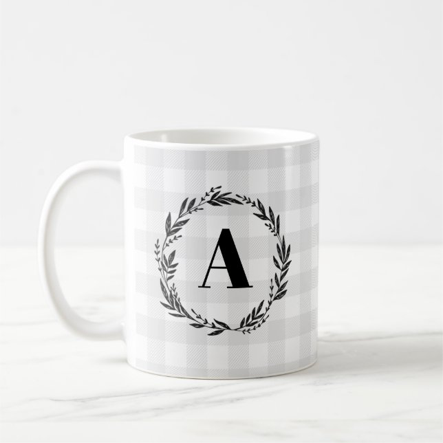 Monogram Wreath Grey Check Pattern Coffee Mug (Left)
