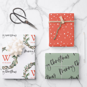 Monogram Wreath Merry Christmas Holiday Wrapping Paper Sheet