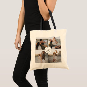 Monogram wreath modern elegant photo collage tote bag
