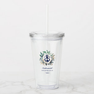 Monogram Wreath Navy Anchor Beach Wedding Acrylic Tumbler