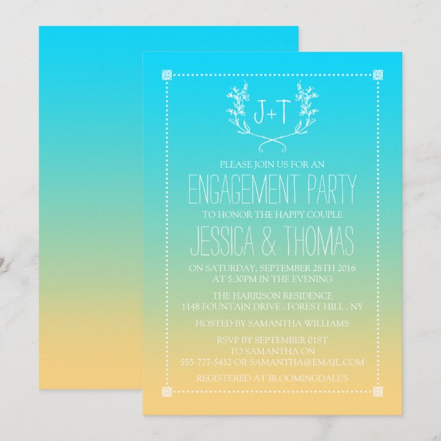 Monogram Wreath Ombre Beach Engagement Party Invitation (Front/Back)