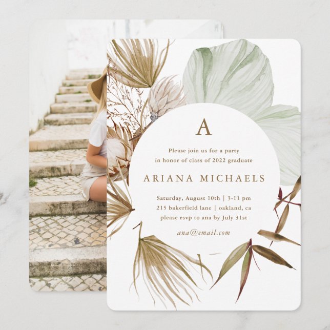 Monogram Wreath One Photo Graduation Party Invitation (Front/Back)