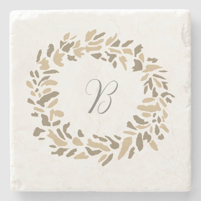 Monogram Wreath Painting Custom Autumn Painting Stone Coaster (Front)