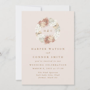 Monogram Wreath Pampas Grass Floral Tropical Blush Invitation