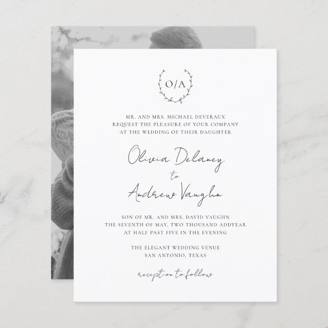 Monogram Wreath Photo Budget Wedding Invitation (Front/Back)